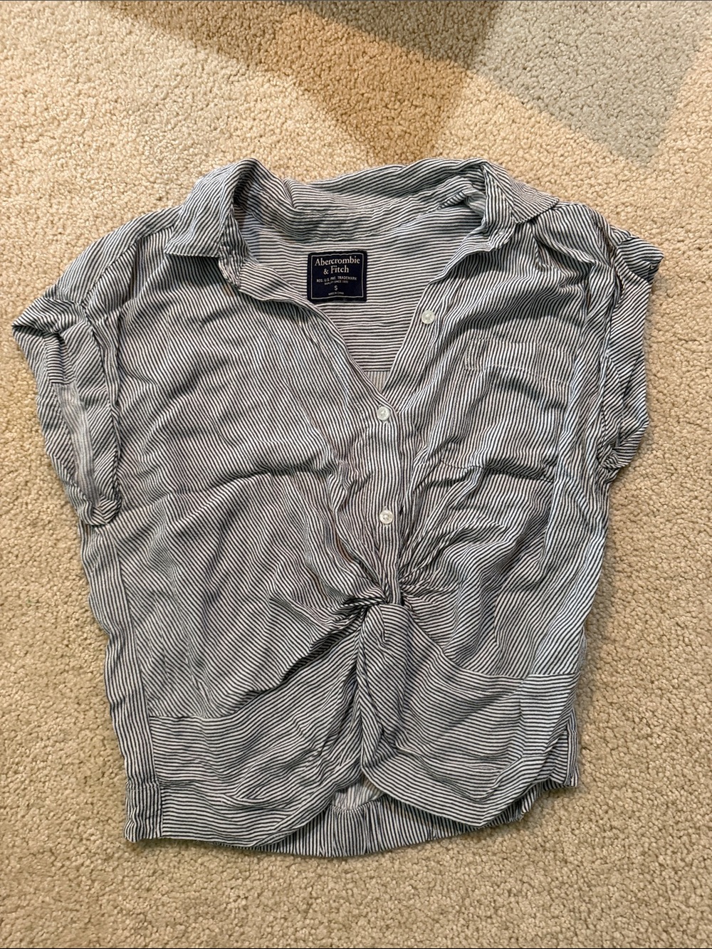 Abercrombie & Fitch Navy and White Striped Button-Front Knot Top